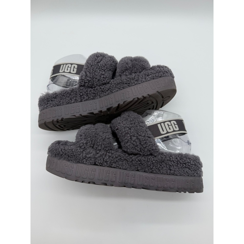 UGG Fluffita Charcoal Grey Sheepskin Platform Slide Sandals 9